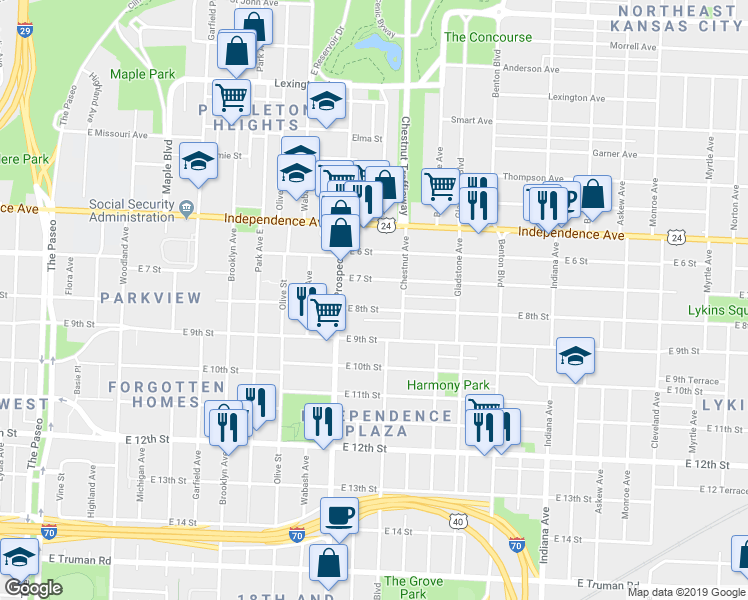 map of restaurants, bars, coffee shops, grocery stores, and more near 2630 East 8th Street in Kansas City