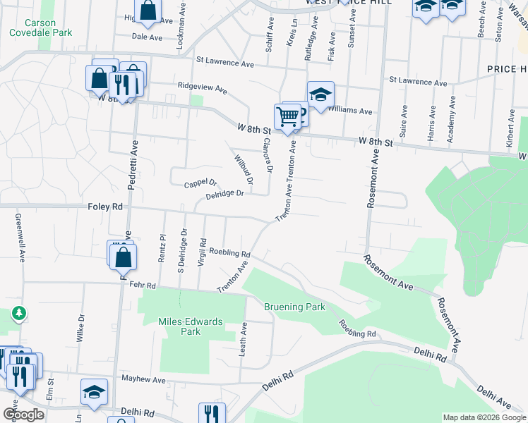 map of restaurants, bars, coffee shops, grocery stores, and more near 4266 Foley Road in Cincinnati