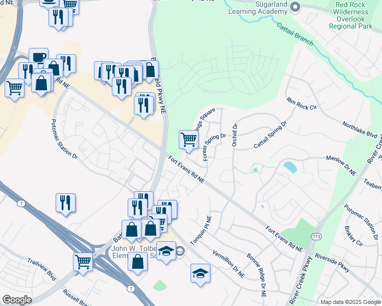map of restaurants, bars, coffee shops, grocery stores, and more near 18514 Sierra Springs Square in Leesburg