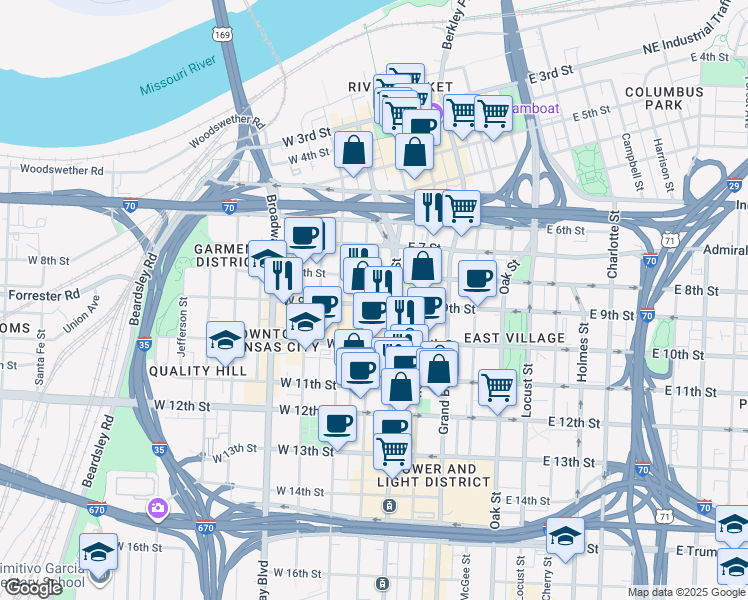 map of restaurants, bars, coffee shops, grocery stores, and more near 20 West 9th Street in Kansas City