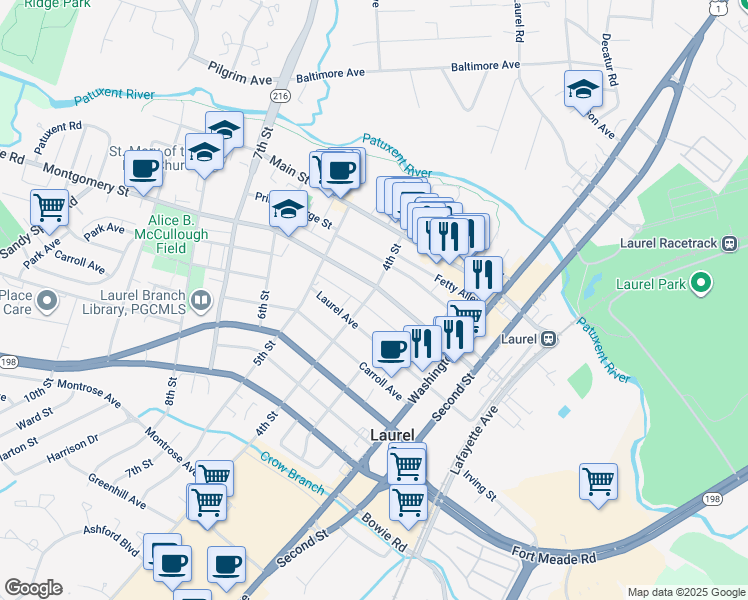map of restaurants, bars, coffee shops, grocery stores, and more near 308 4th Street in Laurel