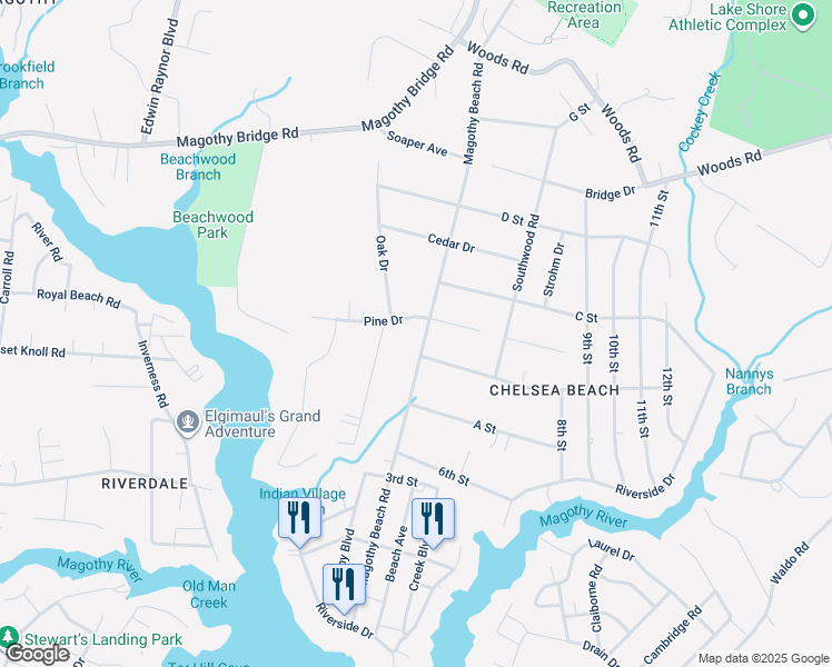 map of restaurants, bars, coffee shops, grocery stores, and more near 208 Magothy Beach Road in Pasadena