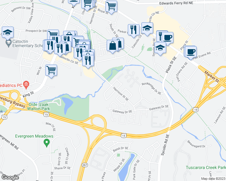 map of restaurants, bars, coffee shops, grocery stores, and more near 307 Roanoke Drive Southeast in Leesburg