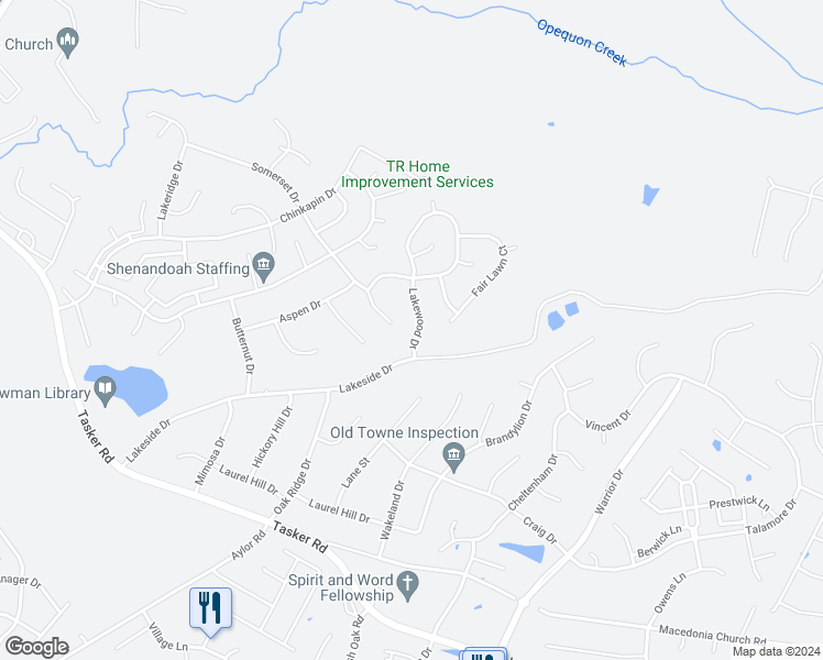 map of restaurants, bars, coffee shops, grocery stores, and more near 107 Lakewood Drive in Stephens City