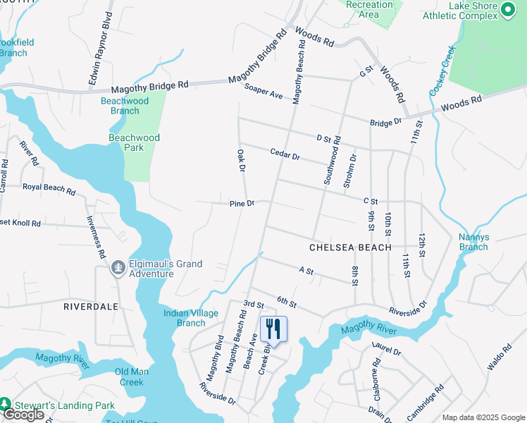 map of restaurants, bars, coffee shops, grocery stores, and more near 208 Magothy Beach Road in Pasadena