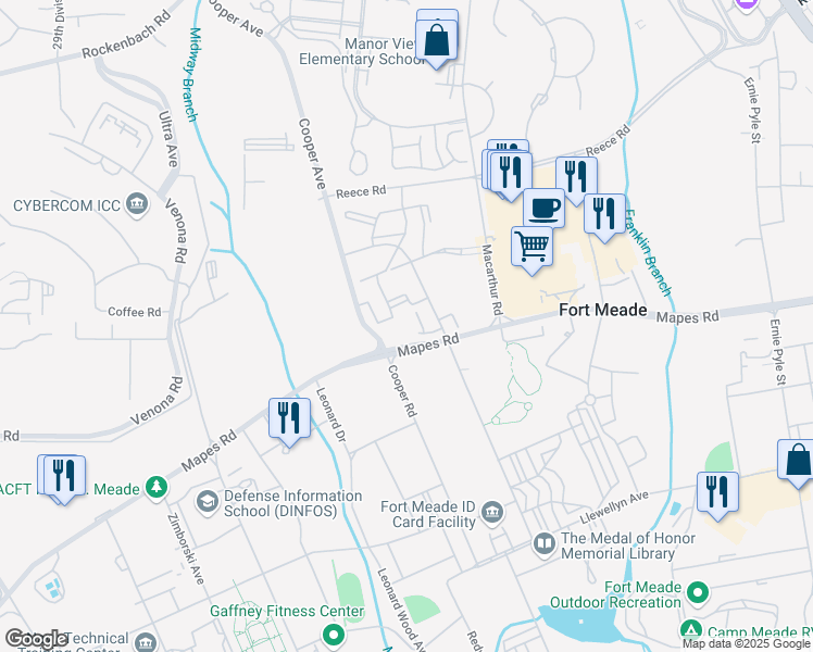 map of restaurants, bars, coffee shops, grocery stores, and more near 4750 English Avenue in Fort Meade