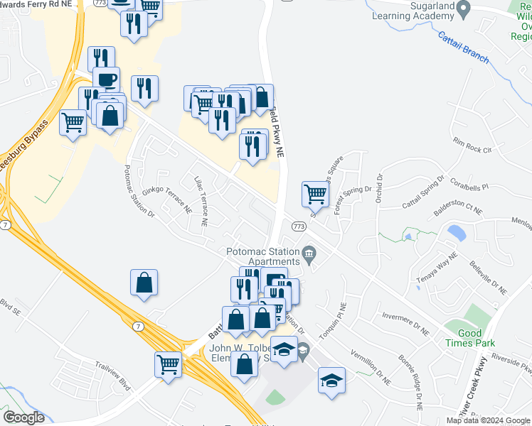 map of restaurants, bars, coffee shops, grocery stores, and more near 570 Edmonton Terrace Northeast in Leesburg