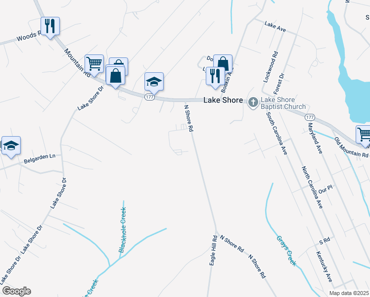 map of restaurants, bars, coffee shops, grocery stores, and more near 20 North Shore Road in Lake Shore