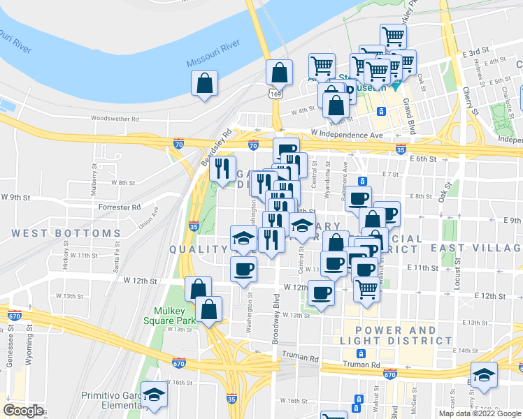 map of restaurants, bars, coffee shops, grocery stores, and more near 8th Street in Kansas City
