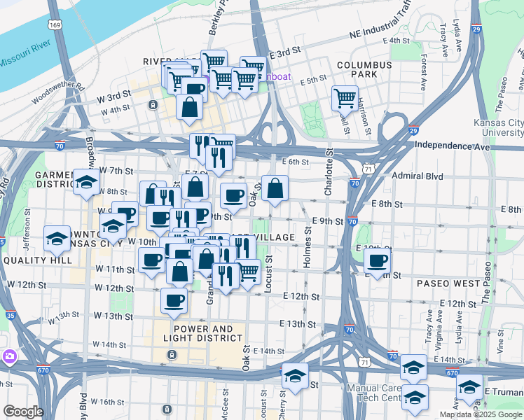 map of restaurants, bars, coffee shops, grocery stores, and more near 400 East 9th Street in Kansas City