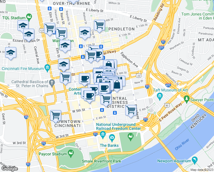 map of restaurants, bars, coffee shops, grocery stores, and more near in Cincinnati