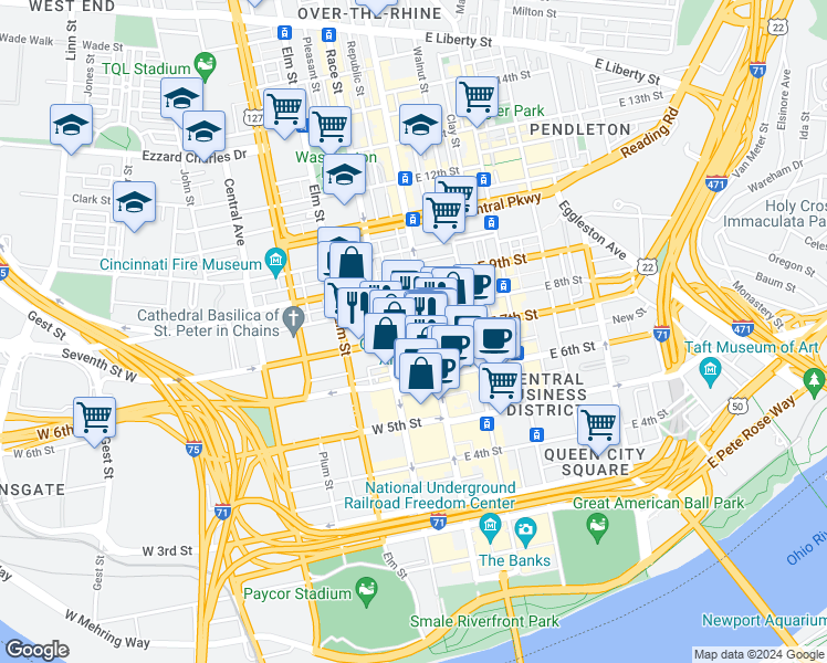 map of restaurants, bars, coffee shops, grocery stores, and more near 15 West 7th Street in Cincinnati