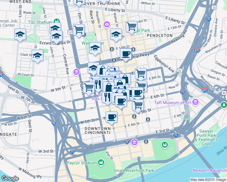 map of restaurants, bars, coffee shops, grocery stores, and more near 15 West 7th Street in Cincinnati