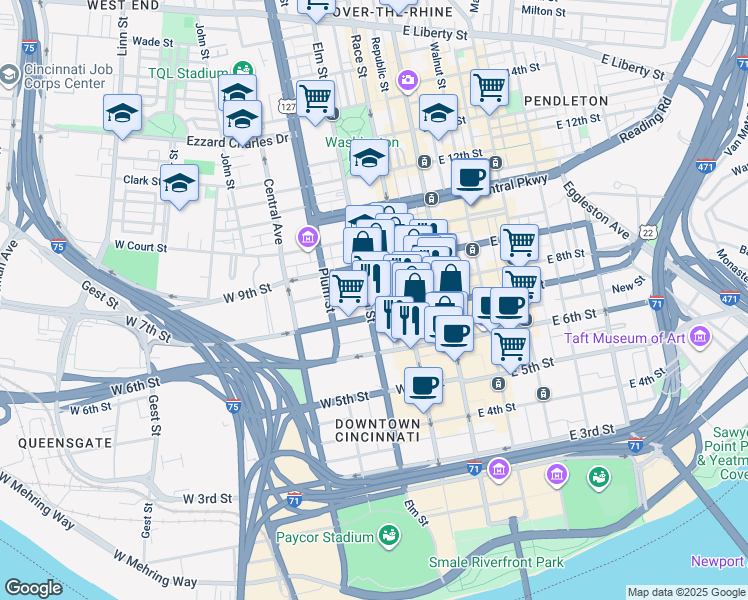 map of restaurants, bars, coffee shops, grocery stores, and more near 700 Elm Street in Cincinnati