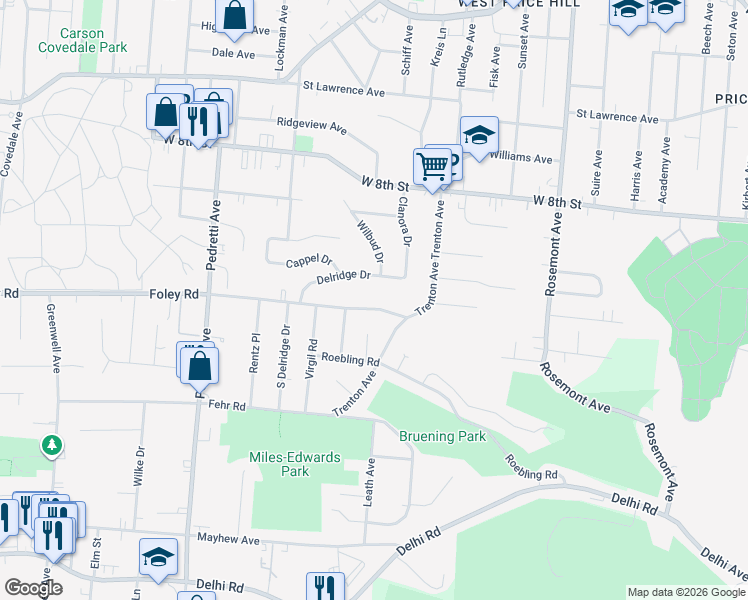 map of restaurants, bars, coffee shops, grocery stores, and more near 4266 Foley Road in Cincinnati