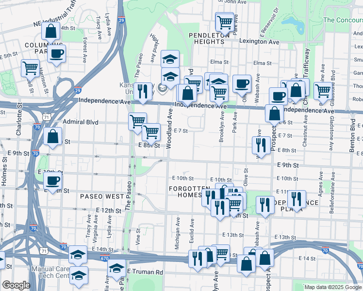 map of restaurants, bars, coffee shops, grocery stores, and more near 711 Euclid Avenue in Kansas City