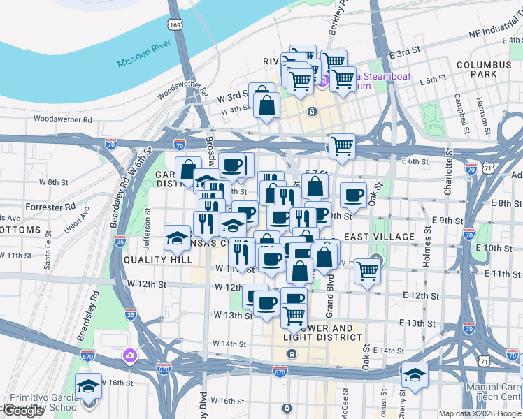 map of restaurants, bars, coffee shops, grocery stores, and more near 205W East 9th Street in Kansas City