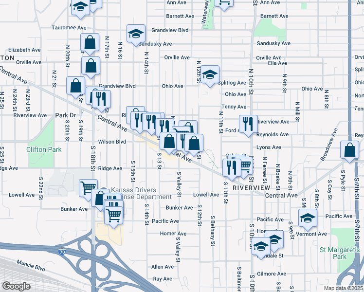 map of restaurants, bars, coffee shops, grocery stores, and more near 15 North Valley Street in Kansas City