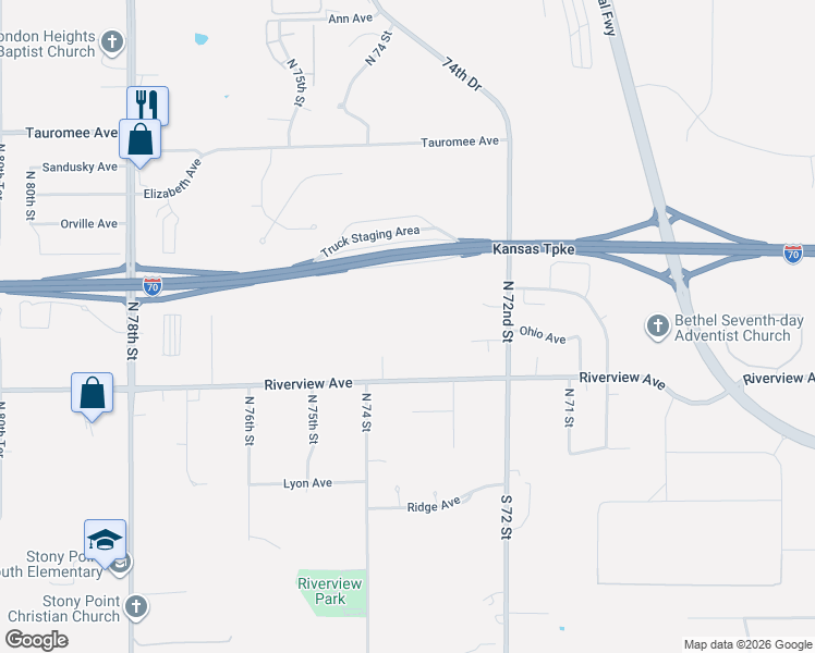 map of restaurants, bars, coffee shops, grocery stores, and more near 7320 Riverview Avenue in Kansas City