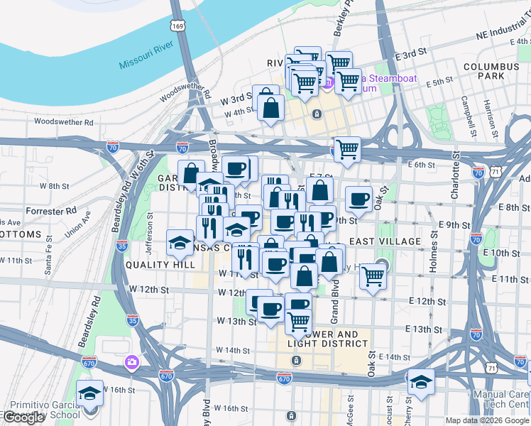 map of restaurants, bars, coffee shops, grocery stores, and more near 205W East 9th Street in Kansas City