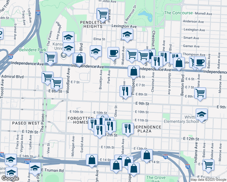 map of restaurants, bars, coffee shops, grocery stores, and more near 2362 East 8th Street in Kansas City