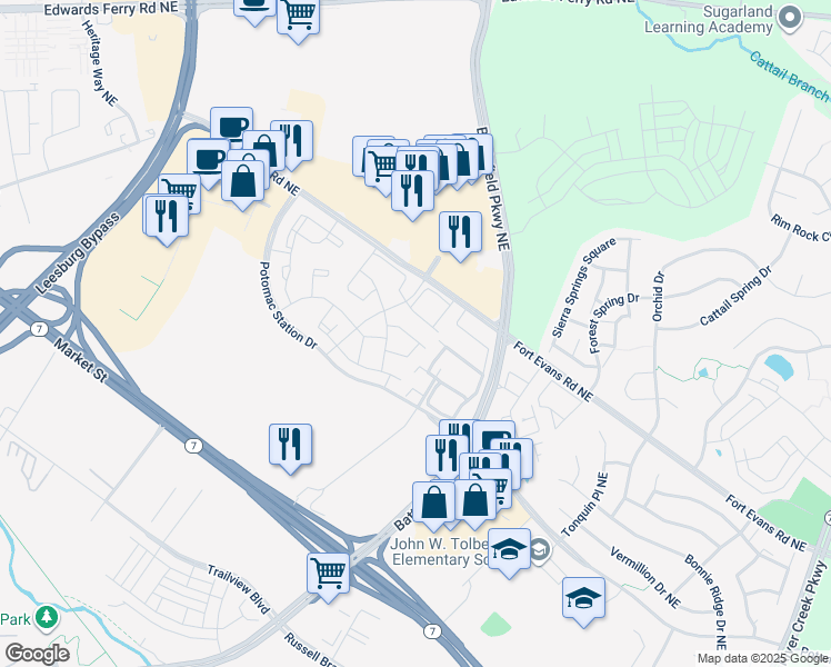 map of restaurants, bars, coffee shops, grocery stores, and more near 534 Kalmia Square Northeast in Leesburg