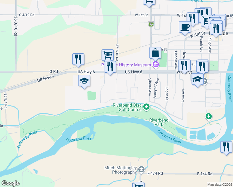 map of restaurants, bars, coffee shops, grocery stores, and more near 3707 G Road in Palisade