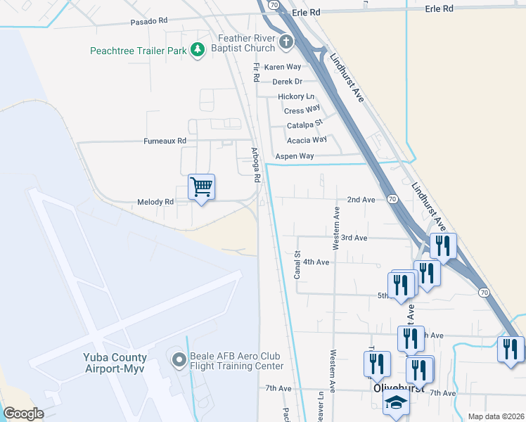map of restaurants, bars, coffee shops, grocery stores, and more near 5139 Arboga Road in Olivehurst