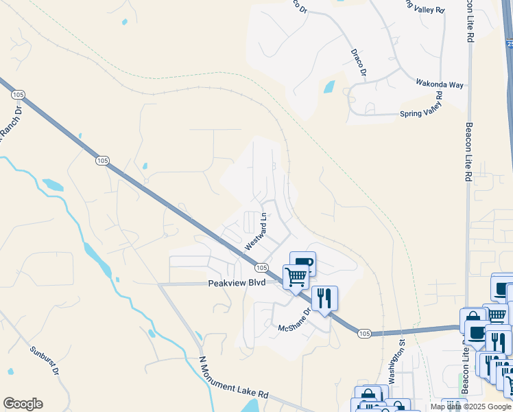 map of restaurants, bars, coffee shops, grocery stores, and more near 724 Westward Lane in Palmer Lake
