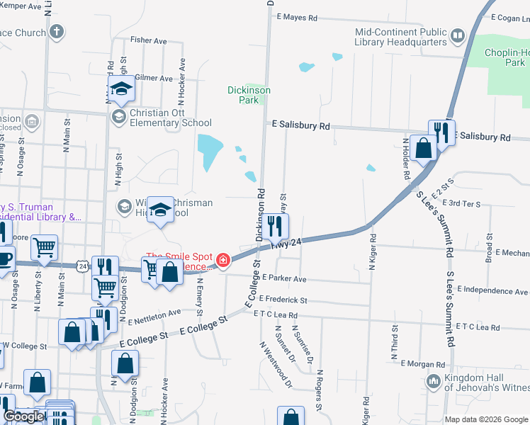 map of restaurants, bars, coffee shops, grocery stores, and more near 1233 Dickinson Road in Independence