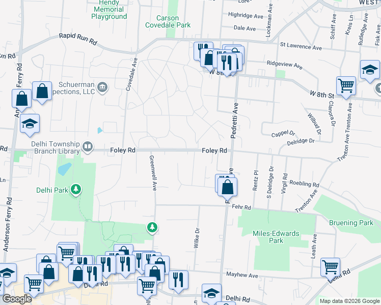 map of restaurants, bars, coffee shops, grocery stores, and more near 4798 Shadylawn Terrace in Cincinnati