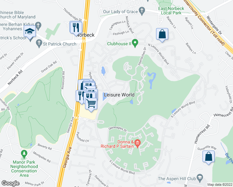 map of restaurants, bars, coffee shops, grocery stores, and more near 15101 Glade Drive in Silver Spring