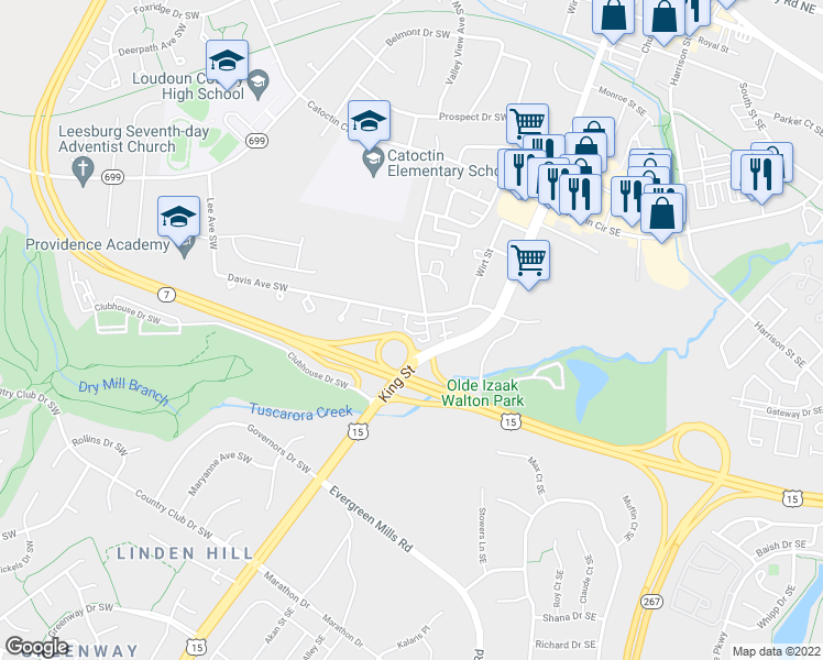 map of restaurants, bars, coffee shops, grocery stores, and more near 105F Davis Avenue Southwest in Leesburg