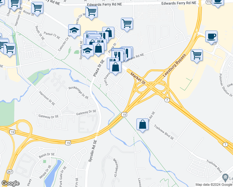 map of restaurants, bars, coffee shops, grocery stores, and more near 120 Prosperity Avenue Southeast in Leesburg