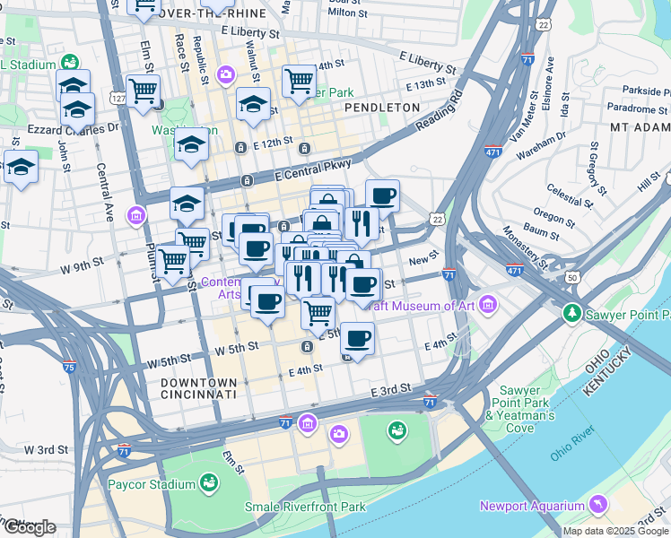map of restaurants, bars, coffee shops, grocery stores, and more near in Cincinnati