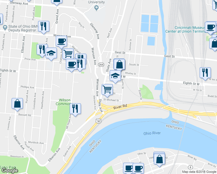 map of restaurants, bars, coffee shops, grocery stores, and more near 704 State Avenue in Cincinnati