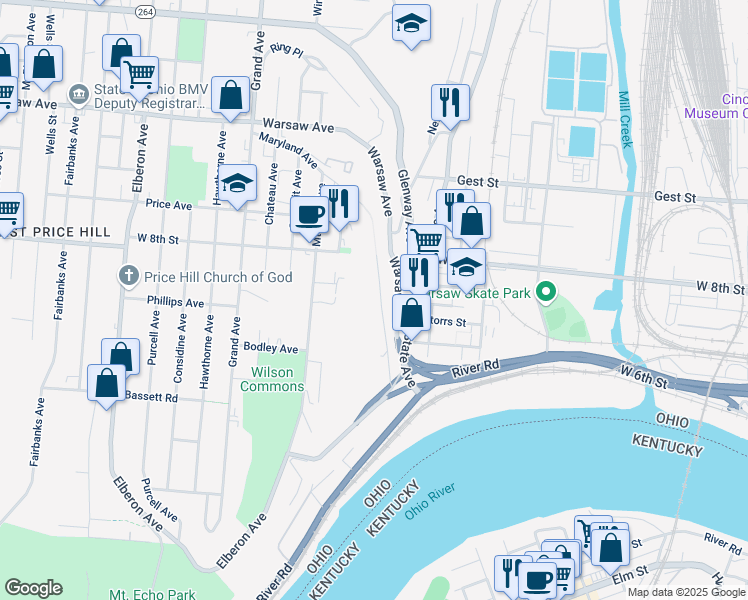 map of restaurants, bars, coffee shops, grocery stores, and more near 2384 Maryland Avenue in Cincinnati