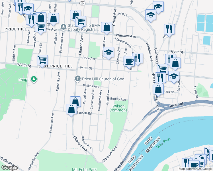 map of restaurants, bars, coffee shops, grocery stores, and more near 588 Grand Avenue in Cincinnati