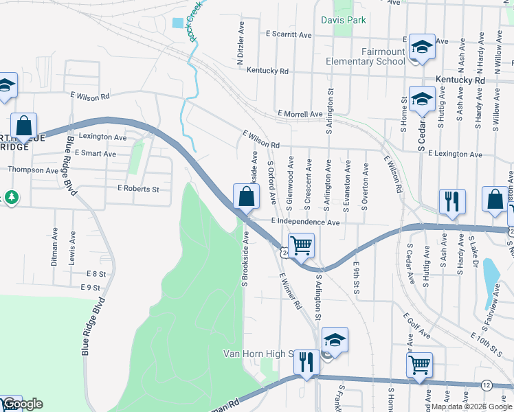 map of restaurants, bars, coffee shops, grocery stores, and more near 9338 East Winner Road in Independence