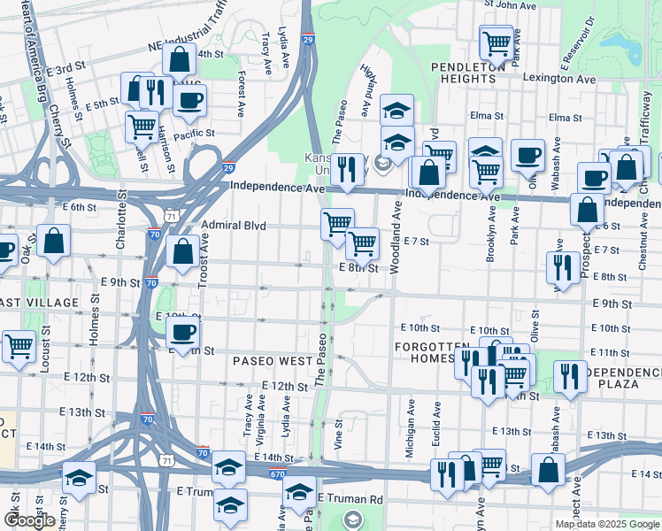 map of restaurants, bars, coffee shops, grocery stores, and more near in Kansas City