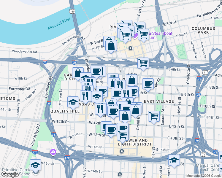 map of restaurants, bars, coffee shops, grocery stores, and more near 205W East 9th Street in Kansas City