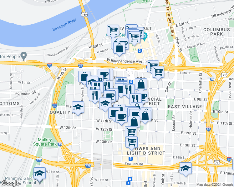 map of restaurants, bars, coffee shops, grocery stores, and more near 205W East 9th Street in Kansas City