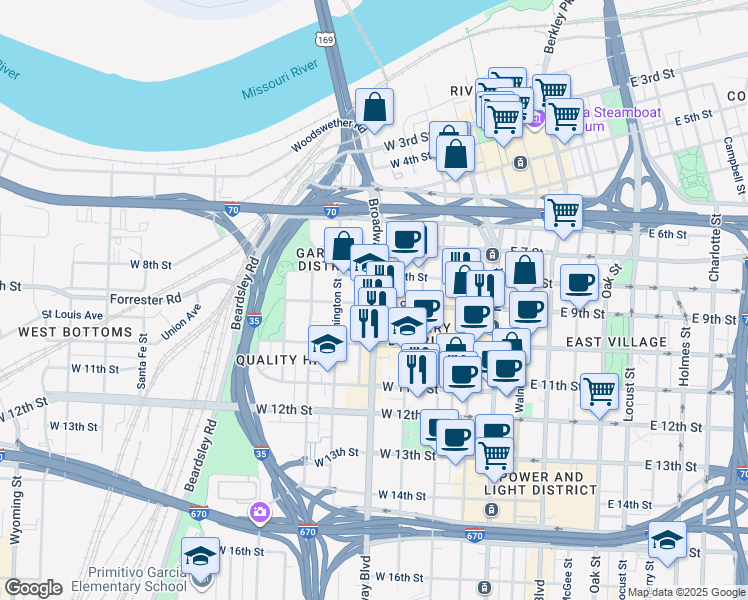 map of restaurants, bars, coffee shops, grocery stores, and more near 900 Broadway Boulevard in Kansas City