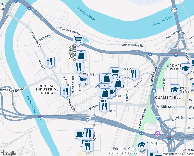 map of restaurants, bars, coffee shops, grocery stores, and more near 1524 Saint Louis Avenue in Kansas City