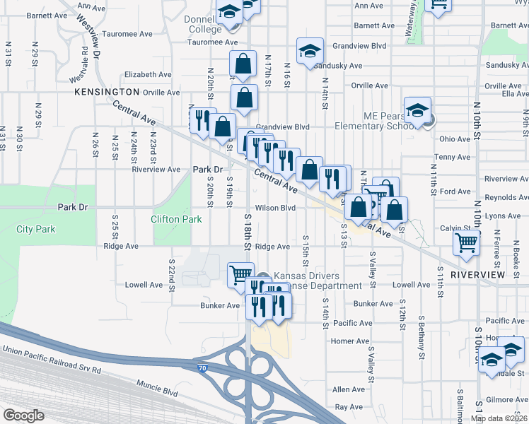 map of restaurants, bars, coffee shops, grocery stores, and more near 56 South 17th Street in Kansas City
