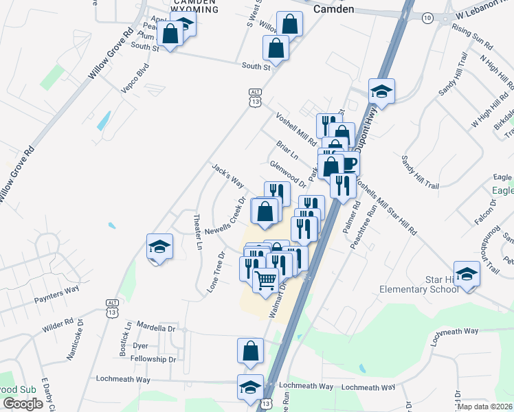 map of restaurants, bars, coffee shops, grocery stores, and more near 206 Jacks Way in Camden