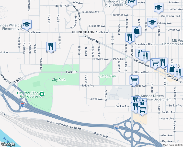 map of restaurants, bars, coffee shops, grocery stores, and more near 59 South 24th Street in Kansas City