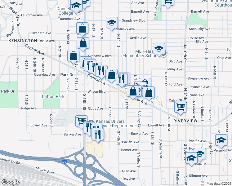 map of restaurants, bars, coffee shops, grocery stores, and more near 2 South 14th Street in Kansas City