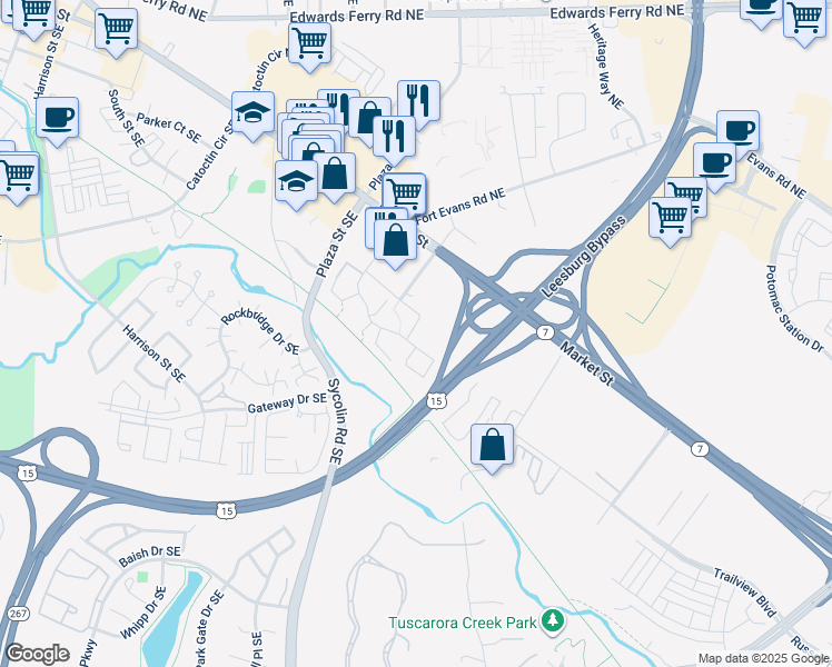 map of restaurants, bars, coffee shops, grocery stores, and more near 129 Fort Evans Road Southeast in Leesburg