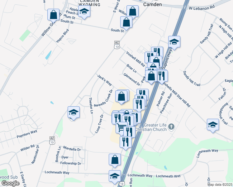 map of restaurants, bars, coffee shops, grocery stores, and more near 25 Fred Circle in Camden